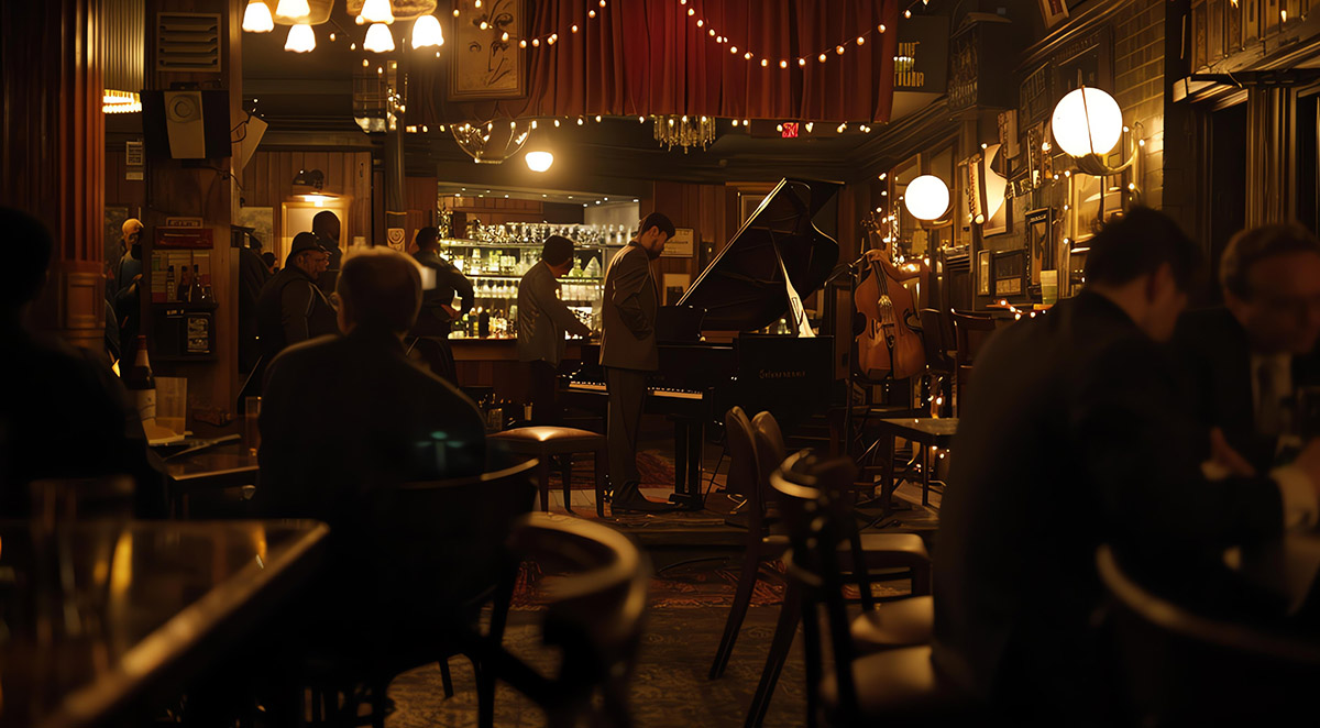 A dimly lit jazz club with a live band playing on stage. The club is full of people enjoying the music and drinks.